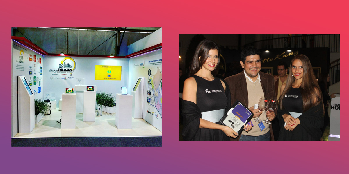 Tablets en stand de exhibición y anfitrionas con iPad en evento