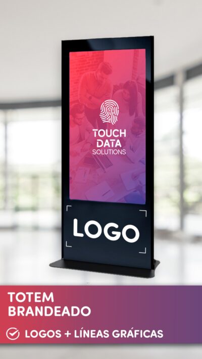 Tótem brandeado con logos y líneas gráficas de tu marca