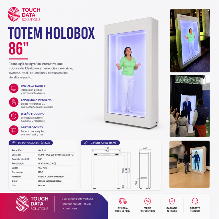 Holobox de 86 pulgadas con holograma y especificaciones
