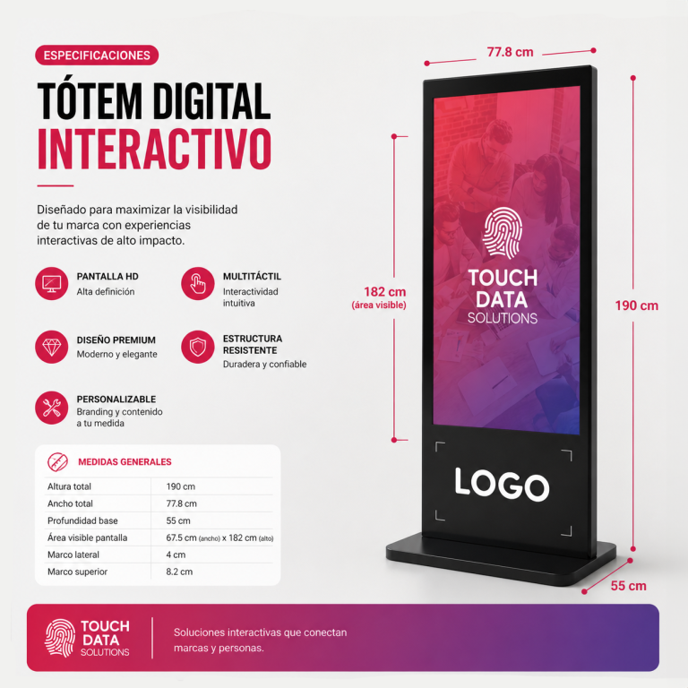 Tótem digital interactivo vertical de 55 pulgadas con medidas