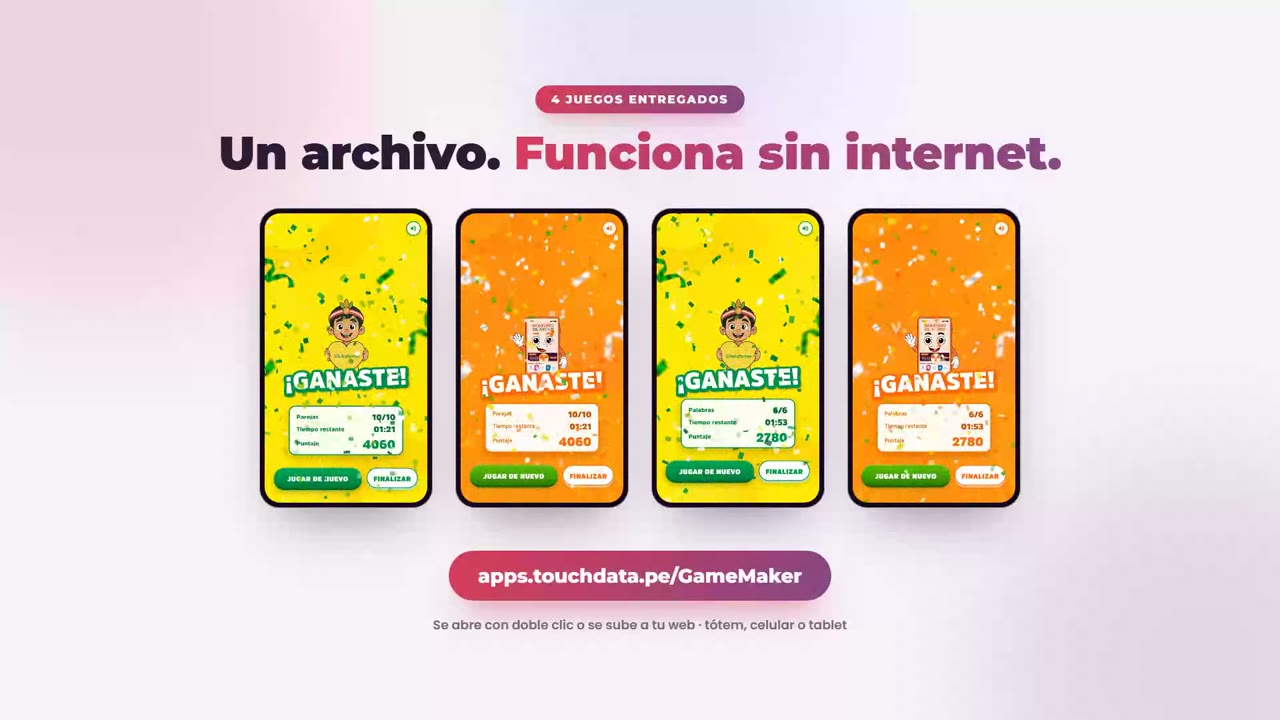 Pantallas de victoria de los cuatro juegos de Inkafarma y Mifarma