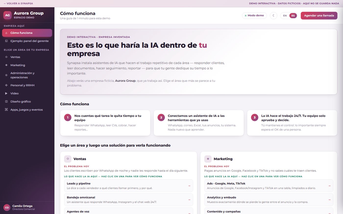 Espacio de trabajo de Synapsa explicando qué haría la IA dentro de una empresa