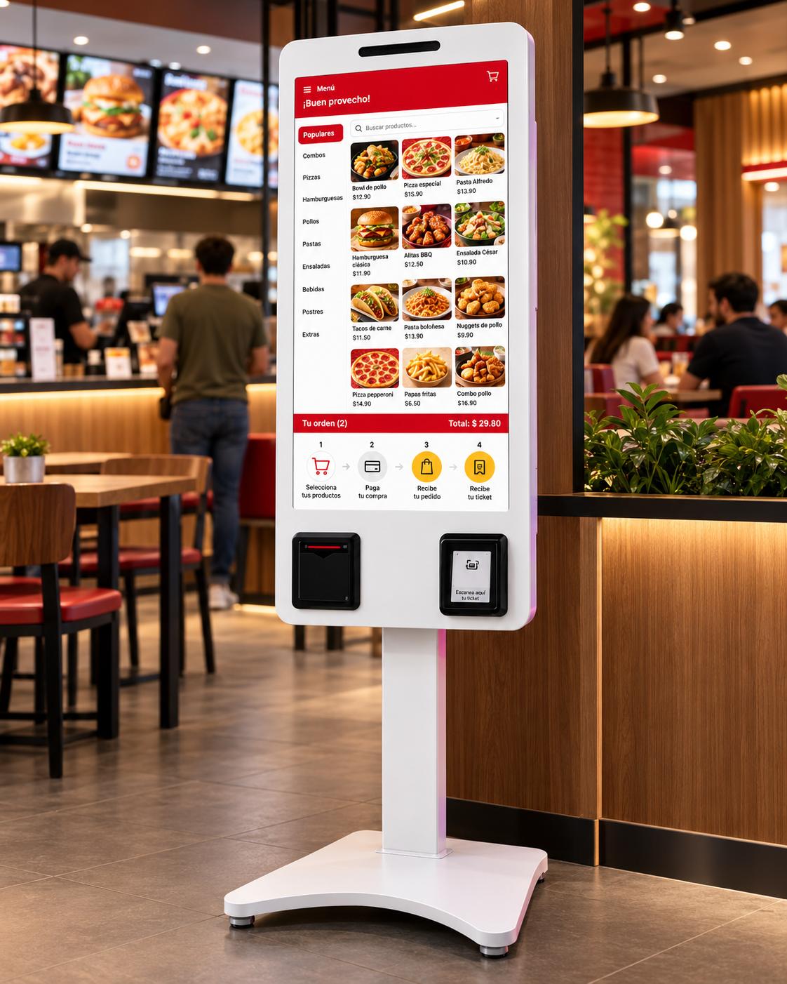 Tótem de autoservicio para pedidos y pagos en un restaurante de comida rápida